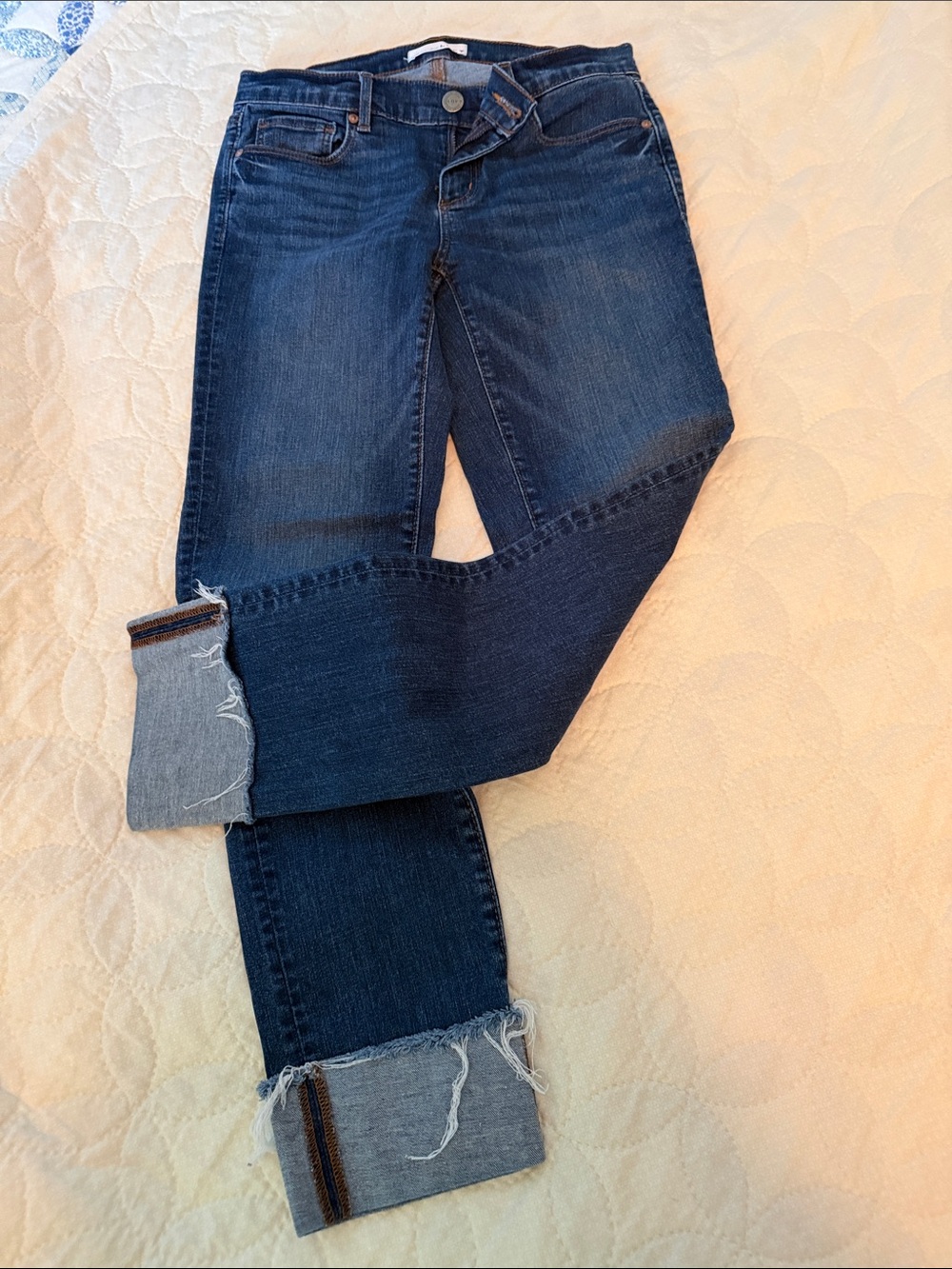 LOFT Dark Blue Cropped Frayed Cuff Jeans